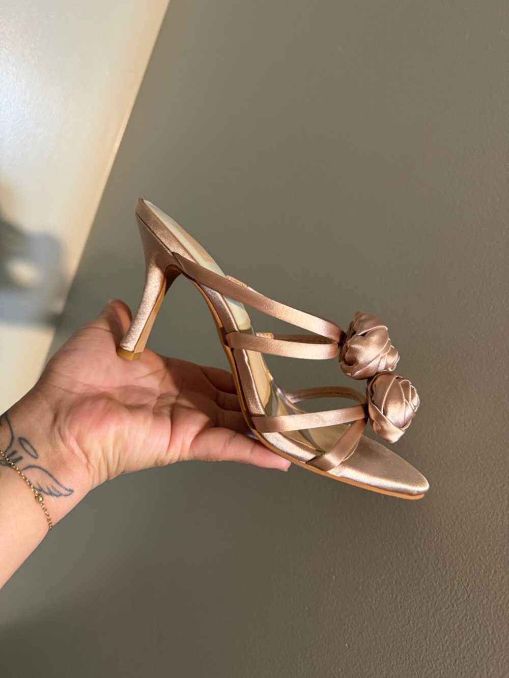 Rosette Slide Mid-Heel Sandal in Rose Gold - Picture 2 of 8